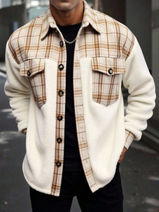 Men's Plaid <b>Fleece</b> <b>Jacket</b> Sherpa <b>Lined</b> Turn-down Collar Button Closure Casual Winter Coat Regular Fit - Product Image 2