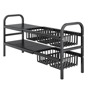 Étagère de rangement de cuisine extensible en acier au carbone à 2 niveaux, organisateur sous évier, design moderne et simple - Product Image 5