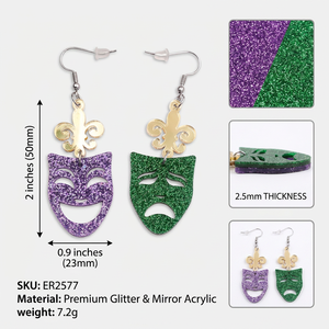 Boucles d'oreilles <span class=keywords><strong>masque</strong></span> Mardi Gras, pailletées violettes et vertes, asymétriques, motif fleur de lys, bijoux de carnaval, cadeau, vente en gros - Product Image 3