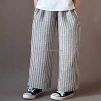 Celana Panjang Anak Perempuan Motif Bunga, Pinggang Bergaris, Bahan Katun Viscose Lembut, Model Kaki Lebar, Koleksi Musim Panas