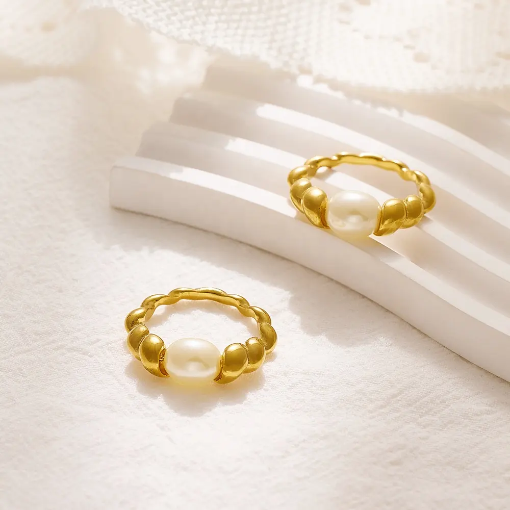 Luxe Waterdichte 18K Goud Pvd Plated Chunky Twist Touw Ketting Rvs Ring Mode Parel Vinger Ring Voor Vrouwen Sieraden