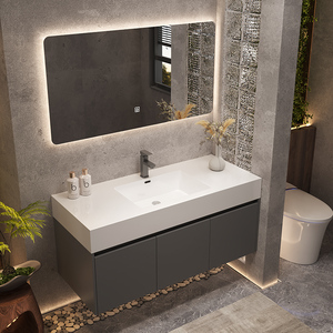 Seamless Integrated Ceramic Slab Bathroom <b>Vanity</b> Grey Rectangular Minimalist Style Illuminated <b>Led</b> Mirror - Product Image 1
