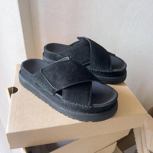 Sandales croisées à semelle épaisse en cuir de vachette avec velcro pour <span class=keywords><strong>femme</strong></span>, style Uggs, double bride, en cuir givré, chaussures d'été pour étudiantes, plage - Product Image 2