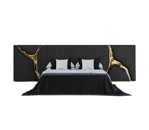 Cabecera de Cama Tapizada en Terciopelo Negro de Lujo Personalizada, Cama Plataforma Ancha con Detalle de Hoja de Oro Agrietada para Recámara Principal - Product Image 3