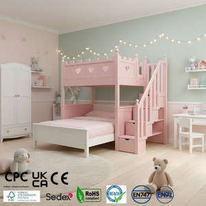 Lit superposé magique en forme de château de princesse rose avec escalier de rangement - Lit féerique gain de place pour fille - Product Image 1