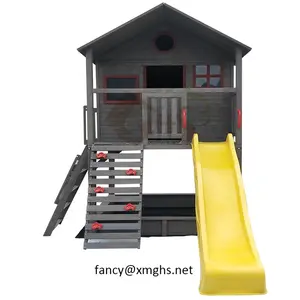 Garden Outdoor Backyard Black And White Cedar Fir Wood Playhouse With Slide Sand Box Climb Ladder With 1.2m Platform