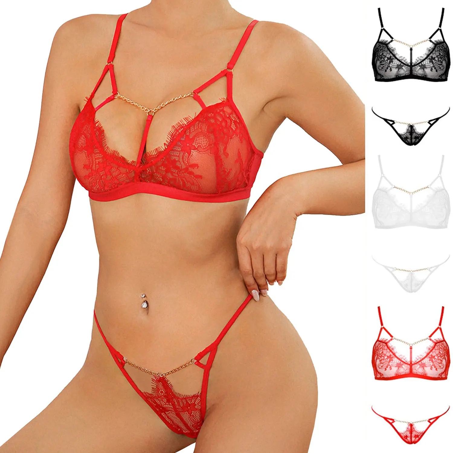 Plus Size Sexy Metalen Ketting Kant Ondergoed & Panty Set Zonder Stalen Ring Bh Kant Bh Set Voor Vrouwen