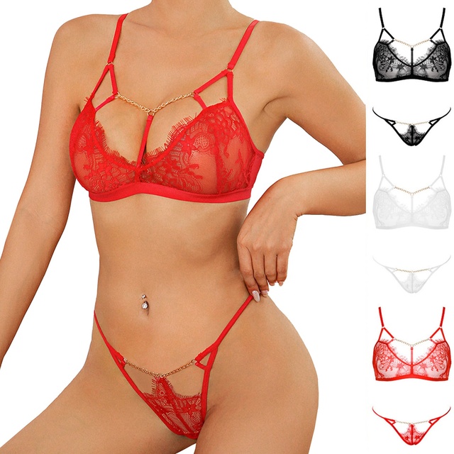 Plus Size Sexy Metal Chain Lace Trim Underwear & Panty Set Without Steel Ring Bra Lace Bra Set for Women