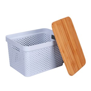 <b>Storage</b> <b>Baskets</b> <b>Rectangle</b> Plastic With Bamboo Lid Stackable For Neatening <b>Storage</b> - Product Image 5