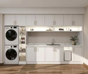 Meubles de salle de bain modernes et minimalistes sur mesure avec finition laquée, écologiques, avec lavabo et panier - Product Image 1
