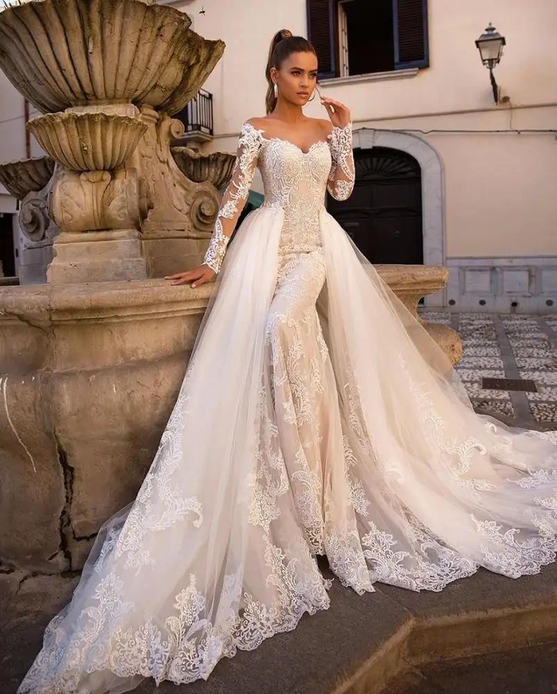 Lorie — robe de mariée sirène Sexy, jupe détachable, épaules dénudées, dentelle, manches longues, boutons au dos, 2022, FA158