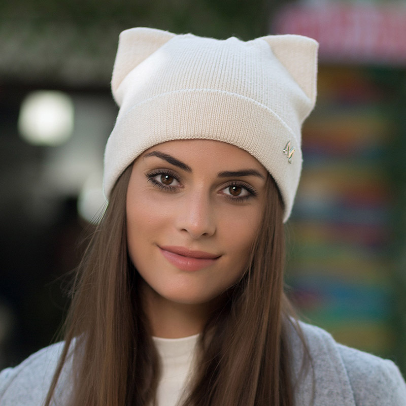 Mujer cuernos de diablo de oreja gato gorro de ganchillo de punto trenzado de lana de moda de chicas sombrero