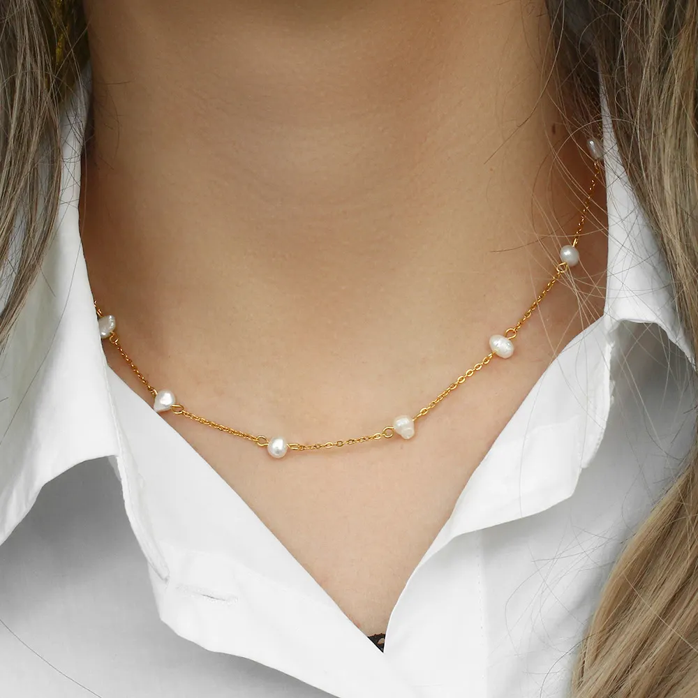 Design Women Elegant Freshwater Pearl Bead Necklace Dainty 18k Gold Plated Chain Choker Necklace Stainless Steel Jewelry