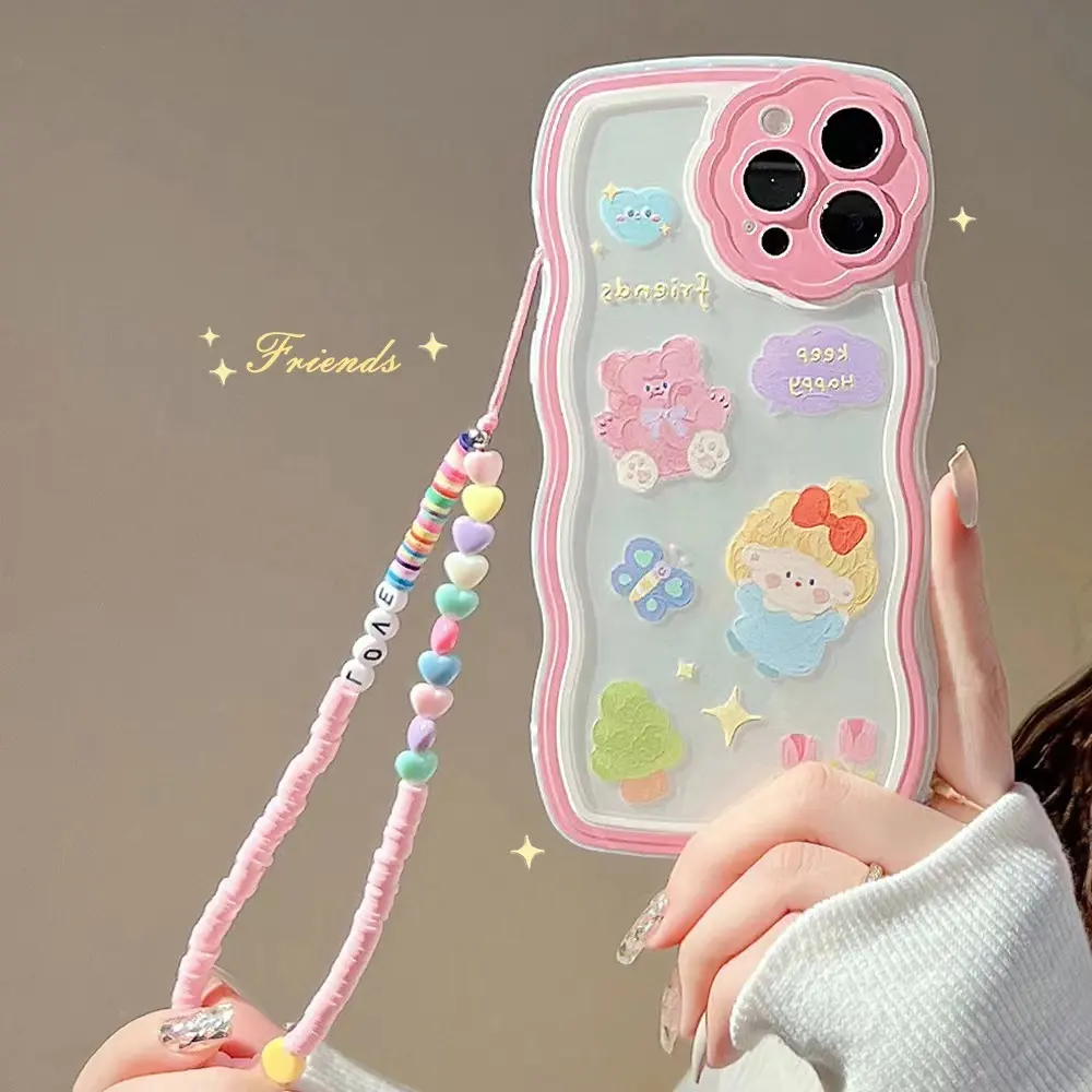 New popular mobile phone case with lanyard transparent tpu Wave cute pink phone case transparent for iphone 13 12 11
