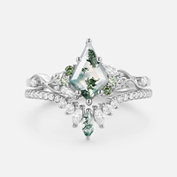 Ensemble de bagues de fiançailles en argent sterling 925 plaqué or rose avec agate mousse taille cerf-volant et bagues en agate mousse taille marquise