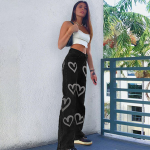 Jeans Baggy <span class=keywords><strong>Marroni</strong></span> da Donna con Stampa a Cuore, Nuova Estetica Vintage Anni '90, <span class=keywords><strong>Pantaloni</strong></span> Denim Streetwear a Vita Bassa e Gamba Dritta - Product Image 1