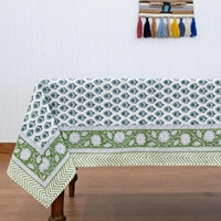 Nappe en coton pur imprimée motif botanique ivoire avec bordure rayée pour salle à manger rustique et décoration intérieure