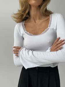 Top a Maniche Lunghe Personalizzato per Donna, Maglietta <span class=keywords><strong>Bianca</strong></span> Sexy e Alla Moda, Vestibilità Slim - Product Image 4