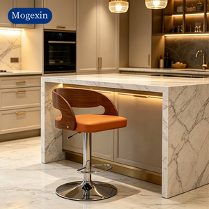 Taburete de Bar de Madera Curvada Estilo Mid-Century, Altura Ajustable, Asiento Giratorio de Cuero PU con Base Cromada para Isla de Cocina - Product Image 1