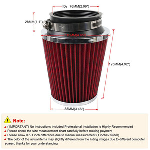 Filtre à air de voiture 76 mm, tête champignon rouge, pièce de mise à niveau universelle avec collier de serrage - Product Image 2