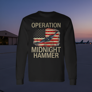 Camiseta de manga larga Operation Midnight Hammer con diseño de avión de combate B-2 Stealth y gráfico de la bandera patriótica estadounidense - Product Image 3