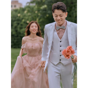 Elegant Pink Strapless A-Line Wedding Dress Natural Waist Folds Simple Style Outdoor Photography Gown - Product Image 1