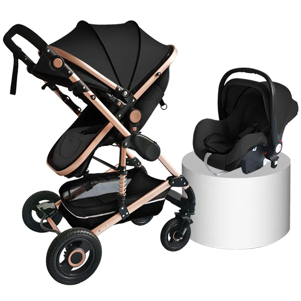 Passeggino nero con seggiolino auto
