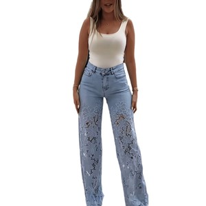 Jeans Europeos y Americanos, Pantalones Anchos de Cintura Alta con Encaje Calado y Parches para Mujer, Pantalones Elásticos Lavados - Product Image 6