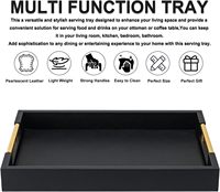 Plateau de service rectangulaire noir à motif uni avec poignées dorées, grand plateau décoratif en bois pour ottoman, plateau de table basse en similicuir pour les fêtes