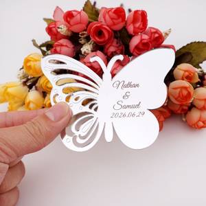 Étiquettes en miroir acrylique en forme de papillon, nom personnalisé, date, <span class=keywords><strong>cadeau</strong></span> de fête, <span class=keywords><strong>décoration</strong></span> de la <span class=keywords><strong>maison</strong></span>, <span class=keywords><strong>carte</strong></span> d'invitation de mariage personnalisée - Product Image 3