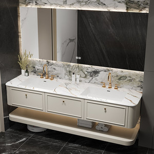 Modern Solid Stone Slab Seamless Integrated Basin Smart <b>Mirror</b> Solid Wood Lacquered Melamine Board Bathroom Cabinet - Product Image 4