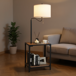 Industrial <b>Floor</b> <b>Lamp</b> With End Table Led Light 2700K Warm White Iron Base Drum Shade For Living Room Home Decor - Product Image 2