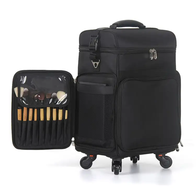Professional Business Beauty Classical Black Rolling Cosmetics Suitcase Bag Travel Train Makeup Trolley Case