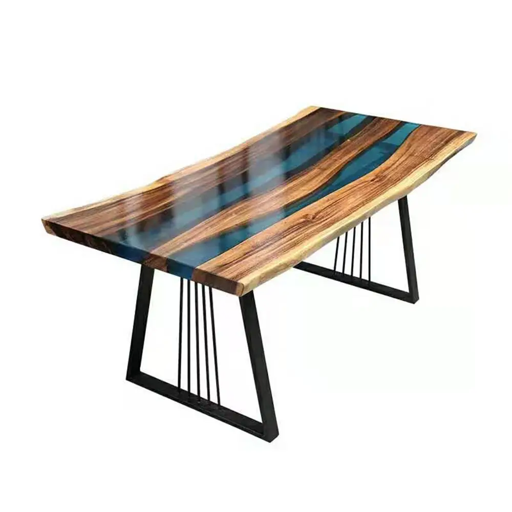 โต๊ะพลาสติกฐานอีพอกซีเรซินไม้สีฟ้าพร้อมขาที่ถอดออกได้ไม้วอลนัทไม้แข็งบนโต๊ะเหล็กสีดำ