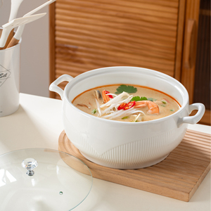 Marmite de cuisine en porcelaine texturée de bonne qualité, 2,5 L, grande soupière à relief, pot à soupe en céramique à double anse avec couvercle en verre - Product Image 6