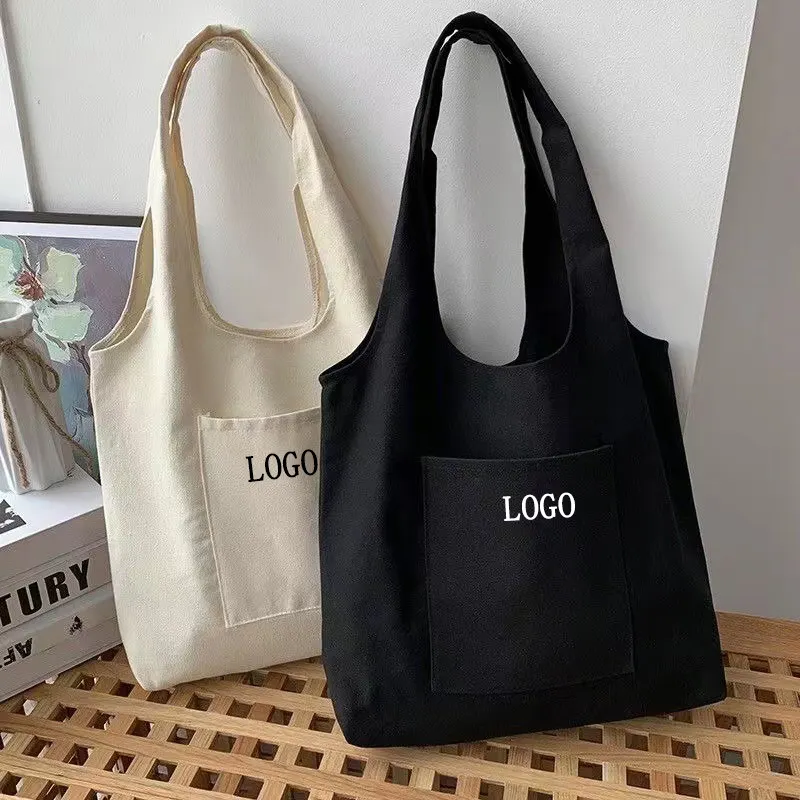 Factory Custom Logo Print Plain Reusable Big Outer Pouch Cotton Canvas Shopping Tote Bag With Pocket
