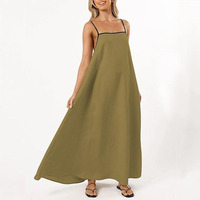 Robe d'été élégante en lin tissé numérique pour femme, coupe trapèze, longueur genou, bretelles fines, sans manches, dos nu, idéale pour la plage