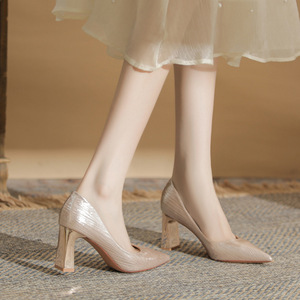 Escarpins à bout pointu, talon carré de 5 cm ou 8 cm, doublure en satin pailleté, chaussures de mariée ou de soirée, à enfiler, pour femme, tendance - Product Image 3