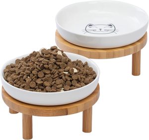 Bols surélevés en céramique peu profonds en bois personnalisés <span class=keywords><strong>station</strong></span> d'alimentation pour chien en bambou pour chats d'intérieur - Product Image 1