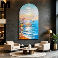 Peinture à l'huile sur toile faite à la main, art mural abstrait, peinture de paysage texturée, bateau à voile floral, vague océanique, tableau mural, décoration intérieure encadrée