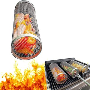 Stainless <strong>Steel</strong> Wire Mesh Cylinder Grill Basket BBQ Rolling Grill Tool Sets Food Grade Heat Resistant for Outdoor - Product Image 1