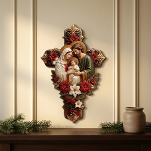 Croce Cattolica in Legno 30cm, Placca da Parete 2D con Sacra Famiglia, Stampa UV di Gesù, Decorazione Religiosa per Casa, Stili Multipli - Product Image 3
