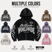 Sweat-shirt en coton épais pour homme, coupe oversize unisexe, avec fermeture éclair intégrale, imprimé, effet délavé, coupe décontractée, vente en gros