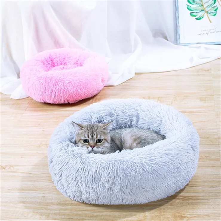 Cama redonda para animais de estimação de plush, cama redonda longa e macia para cachorros e gatos de estimação