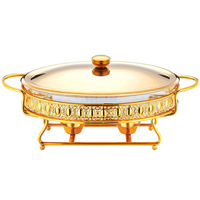 Plat de service de luxe doré, chauffe-plats de buffet portable, réchaud ovale en verre pour restaurant et hôtel