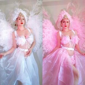 Costume de spectacle, Plumes pour le dos, Coiffe, Gogo femme, Bikini en tulle blanc, Tournée commerciale de danse DS - Product Image 2