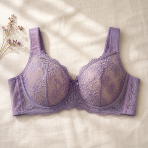 Sujetador de encaje transparente de copa completa color lavanda para mujer, para busto grande, sin forro, con bordado floral, transpirable, para primavera-verano - Product Image 4