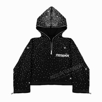 Survêtement personnalisé noir à logo imprimé en relief avec strass, ensemble deux pièces pour homme : sweat à capuche et pantalon de survêtement évasé, survêtements à strass