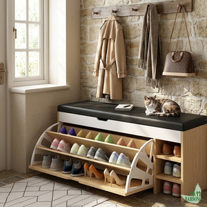 Banco <span class=keywords><strong>zapatero</strong></span> arqueado con soporte reforzado abatible, estilo nórdico moderno, banco de almacenamiento para pasillo, para exhibir zapatos y artículos diversos - Product Image 4