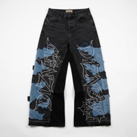 DIZNEW Jean Patchwork Noir et Bleu Double Couche Effet Nuage Déchiré Franges Brutes Broderie Circuit Étoile Éclatante Épingle Épingle Brochée Ourlet Brut Gothique OEM